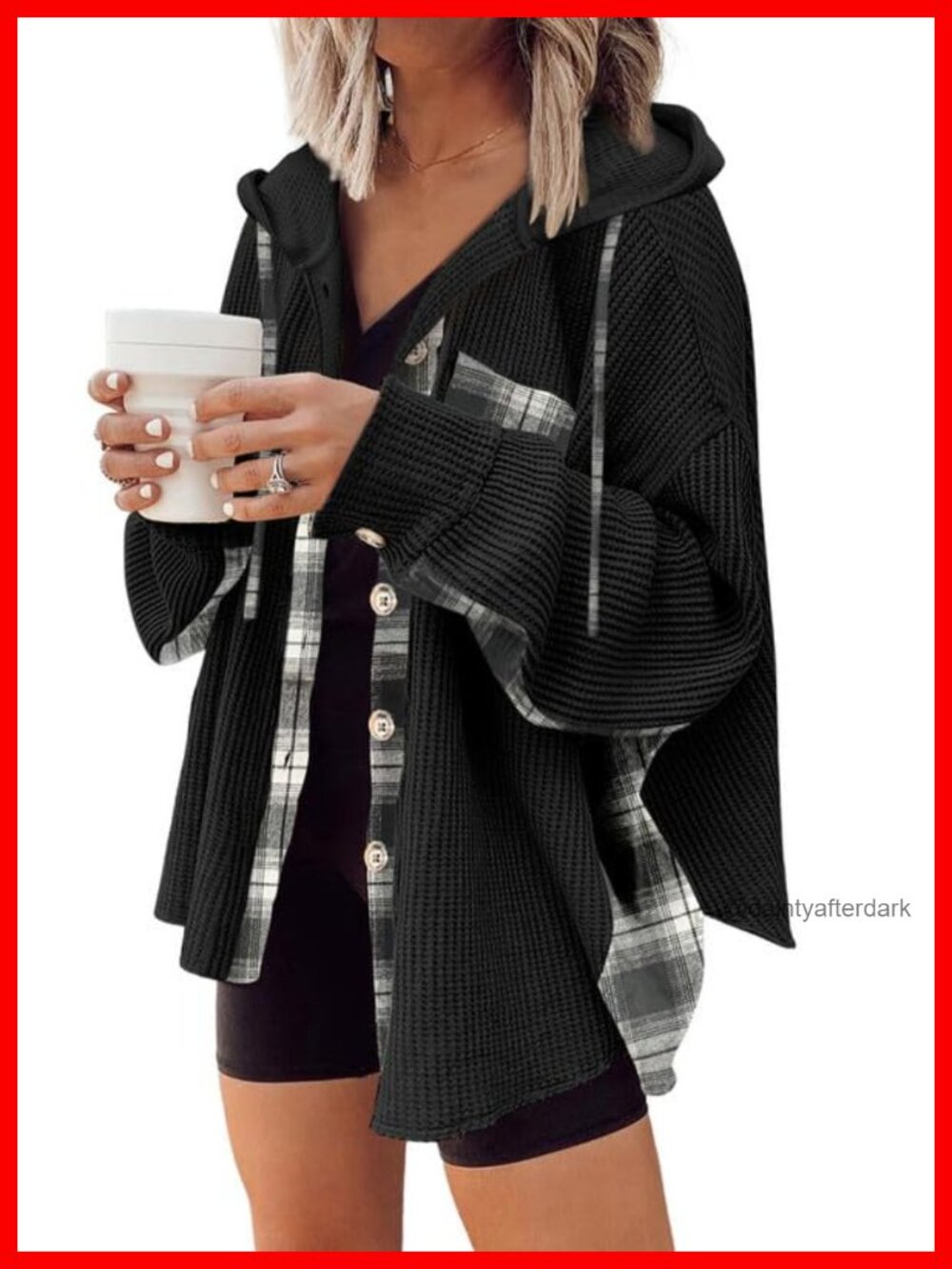 Waffle Knit Plaid Hooded Shacket Button Down Shirt Jacket Loose Fit